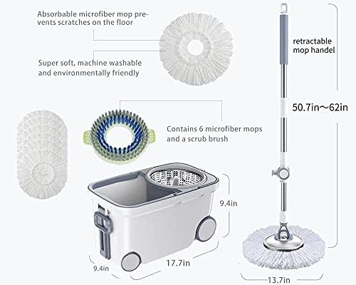Michao Spin Mop Bucket with 6 Microfiber Heads and 62 Handle