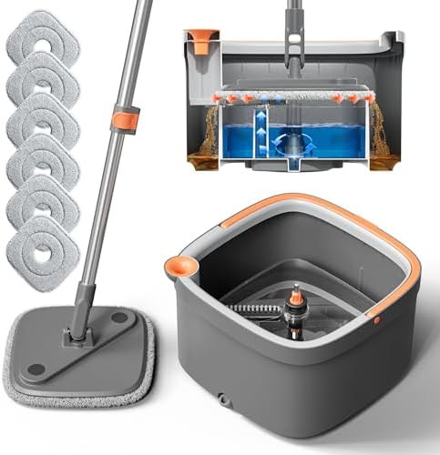 KZKR Spin Mop Bucket Set with 6 Microfiber Pads and Water Separation System