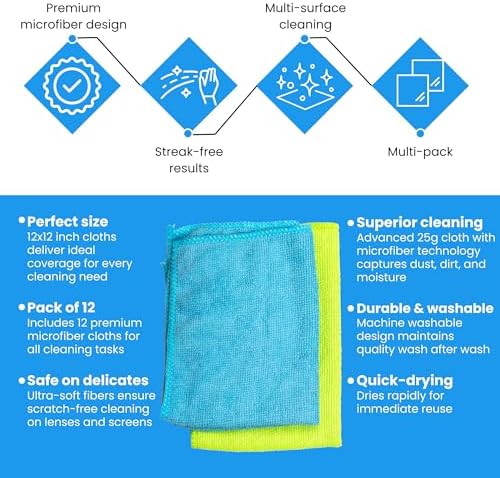 Micro Fiber Cloth 12-Pack - 12x12 Inch Streak-Free Wipes