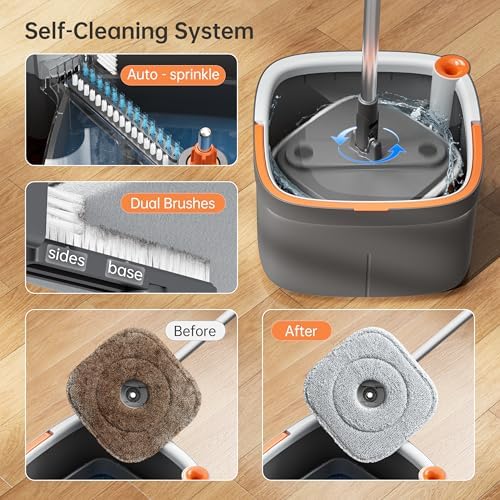 KZKR Spin Mop Bucket Set with 6 Microfiber Pads and Water Separation System