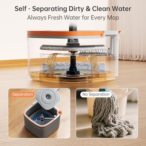 KZKR Spin Mop Bucket Set with 6 Microfiber Pads and Water Separation System