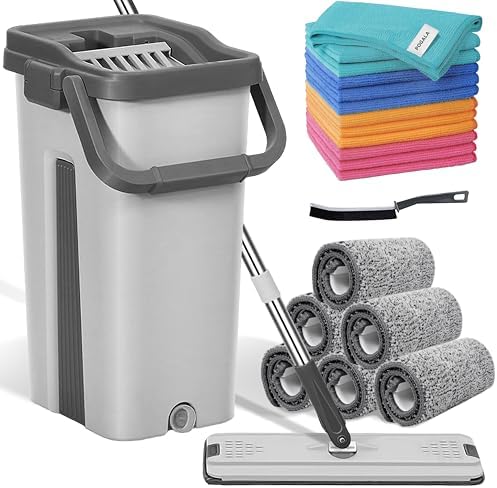 Pogala Mop Bucket Set with 12 Microfiber Towels and Brush 1