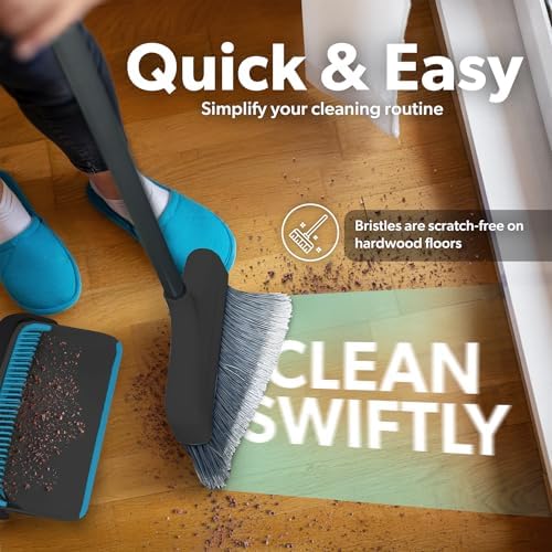 BLACKDECKER Butler Broom Dustpan Set - Space-Saving Lightweight BlackBlue