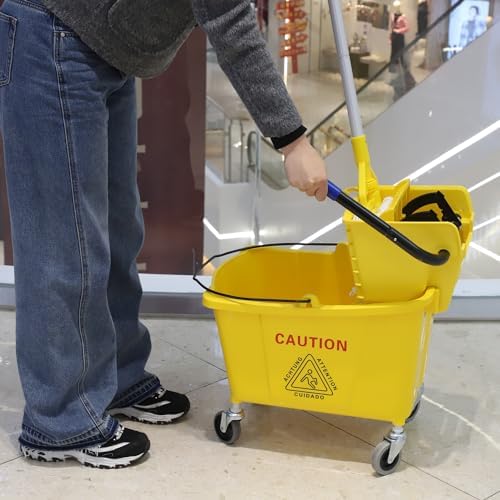 Midoneat Commercial Mop Bucket with Side Press Wringer and Wheels Yellow