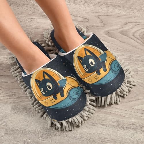 FLildon Microfiber Cleaning Slippers for Men Women Space Cat Astronauts