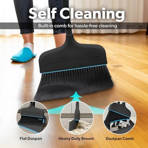 BLACKDECKER Butler Broom Dustpan Set - Space-Saving Lightweight BlackBlue