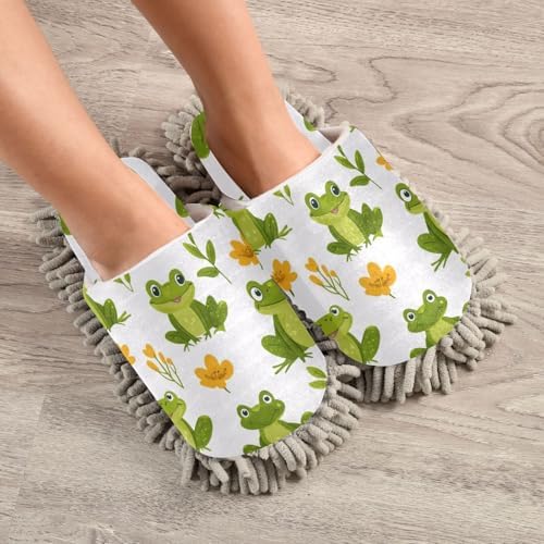 FLildon Microfiber Cleaning Slippers Cute Frogs Washable Mop Shoes for Men Women